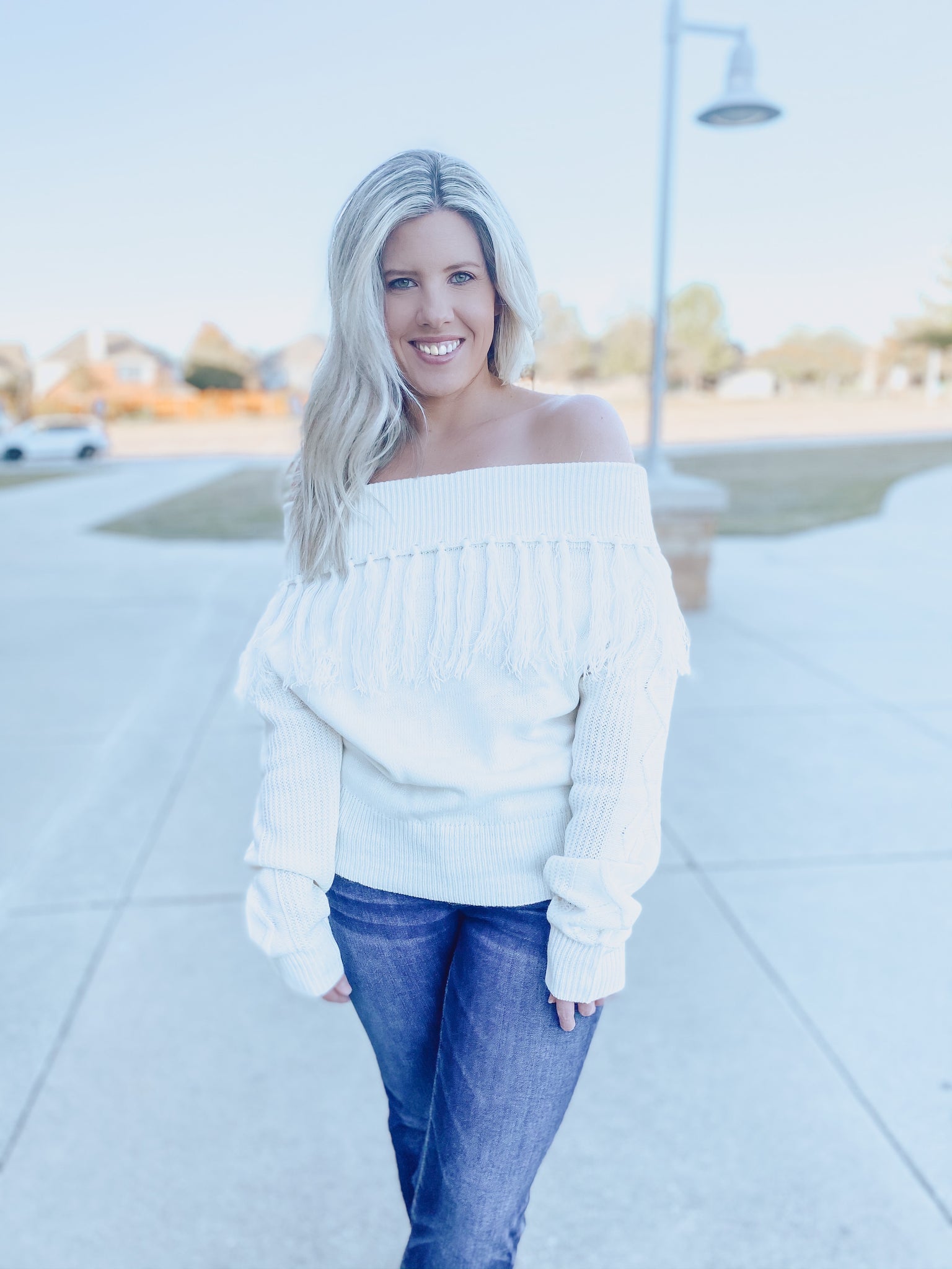 Fringe off discount the shoulder sweater