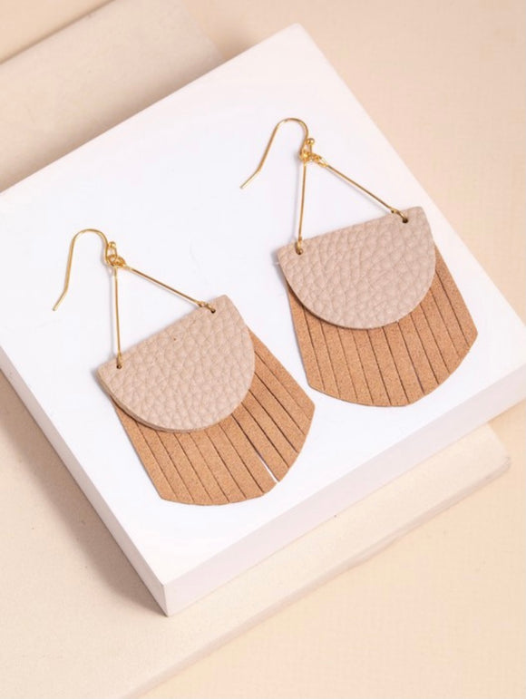 Leather Fringe Earrings-TAUPE