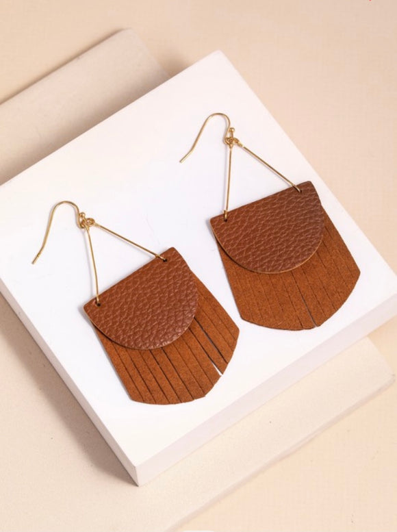 Leather Fringe Earrings-CAMEL